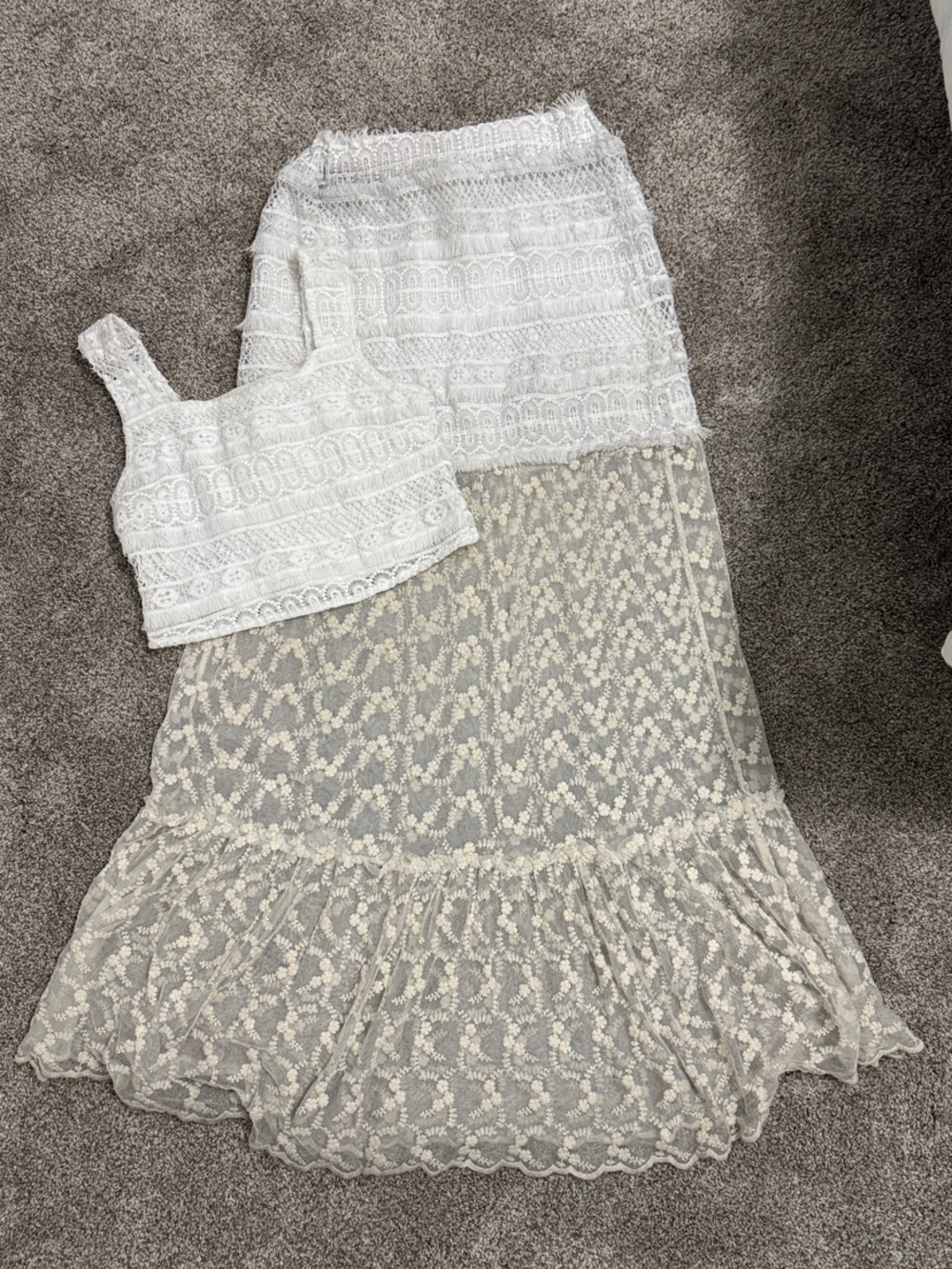 White Lace Maxi Skirt Set with Crochet Overlay